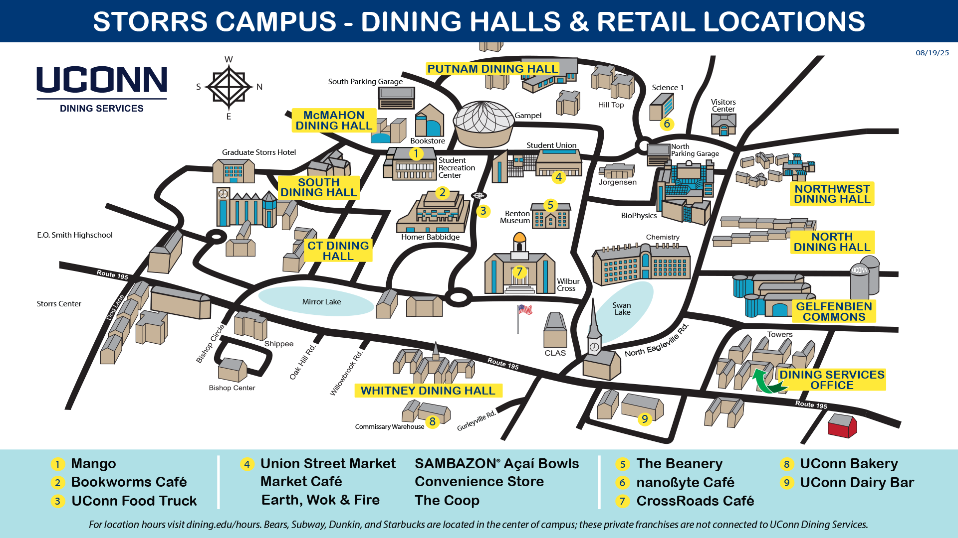 Map of Storrs Campus Retail and Dining Hall locations 