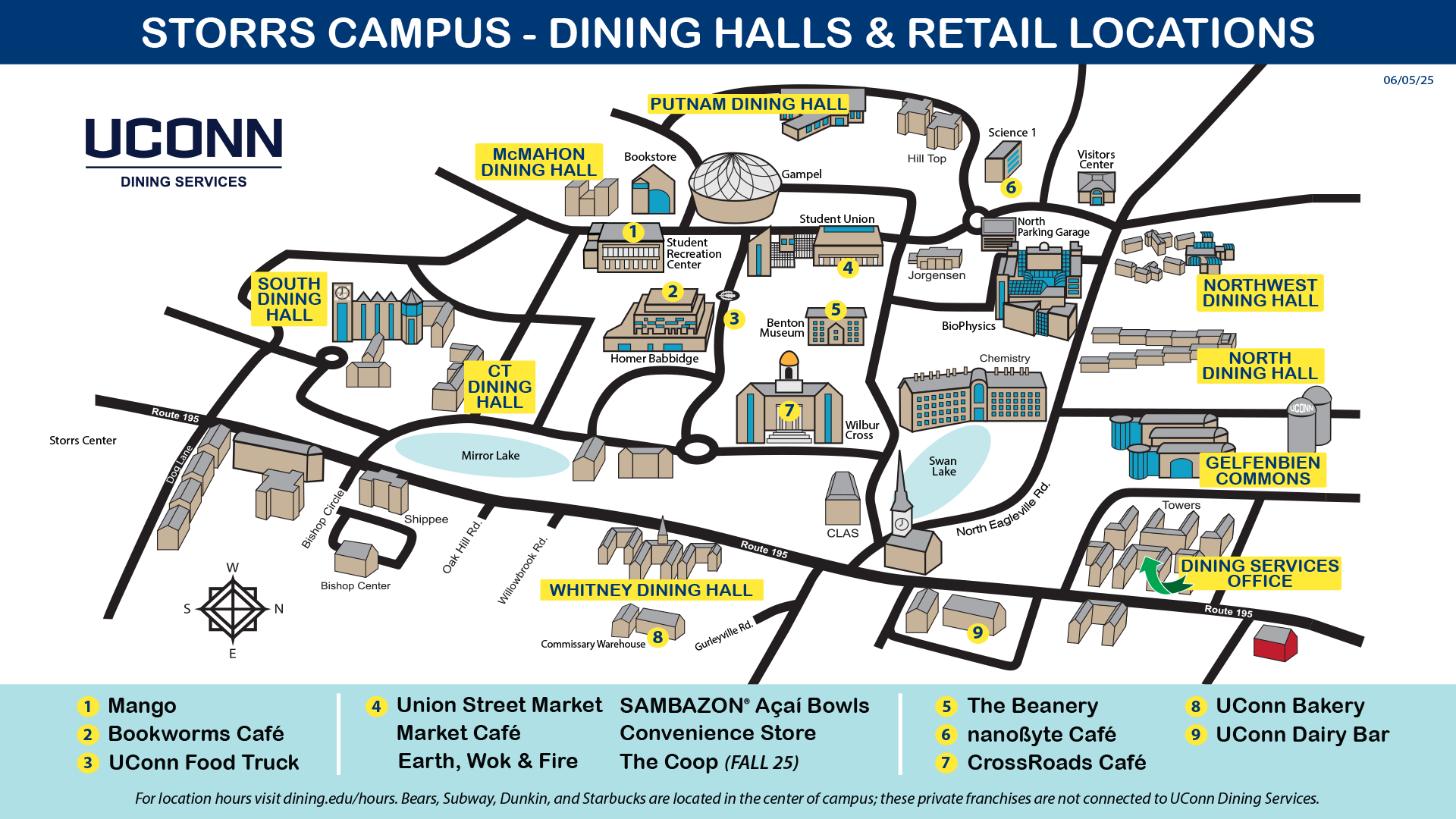 Map of Storrs Campus Retail and Dining Hall locations