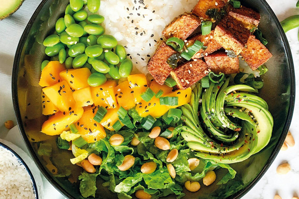 bowl with white rice, tofu, avocado, lettuce, and mango pieces