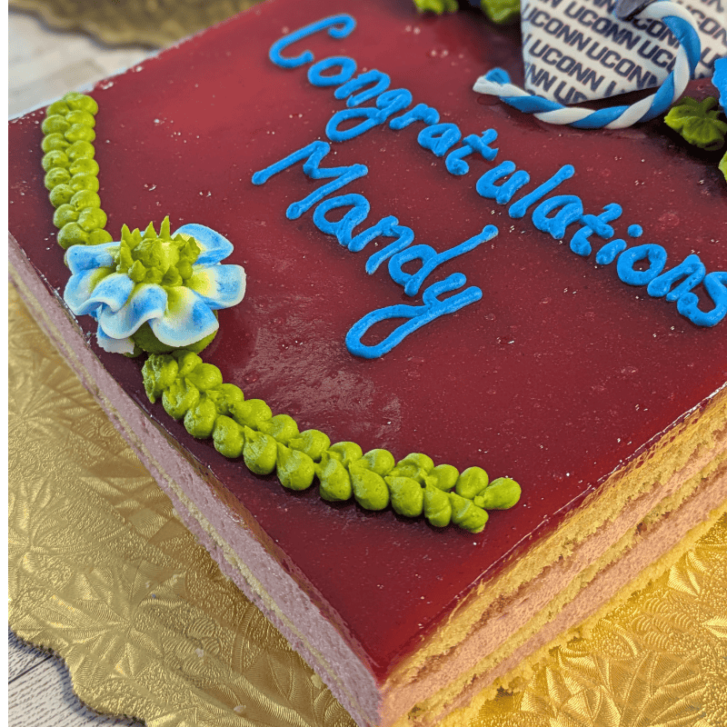 Raspberry mousse cake showing side layers