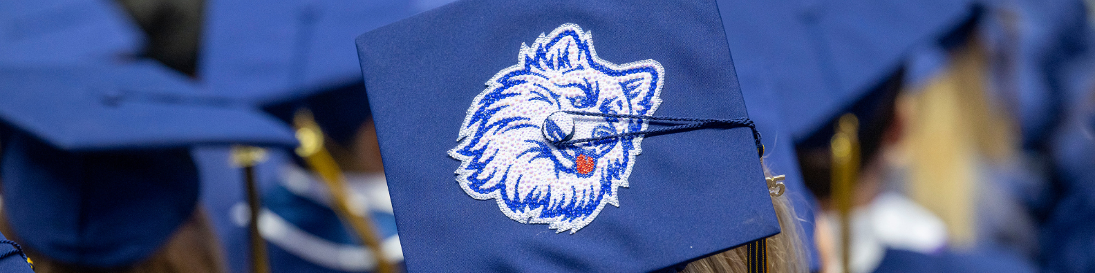 blue mortar board with UConn husky vintage logo