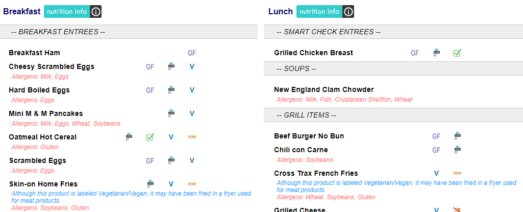 Example of Dining online menus.